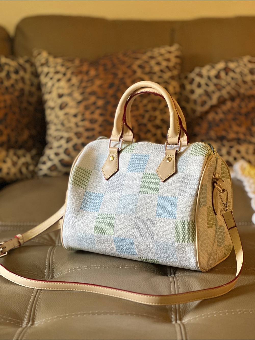 Elegant Checkered Canvas Satchel with Leather Trim